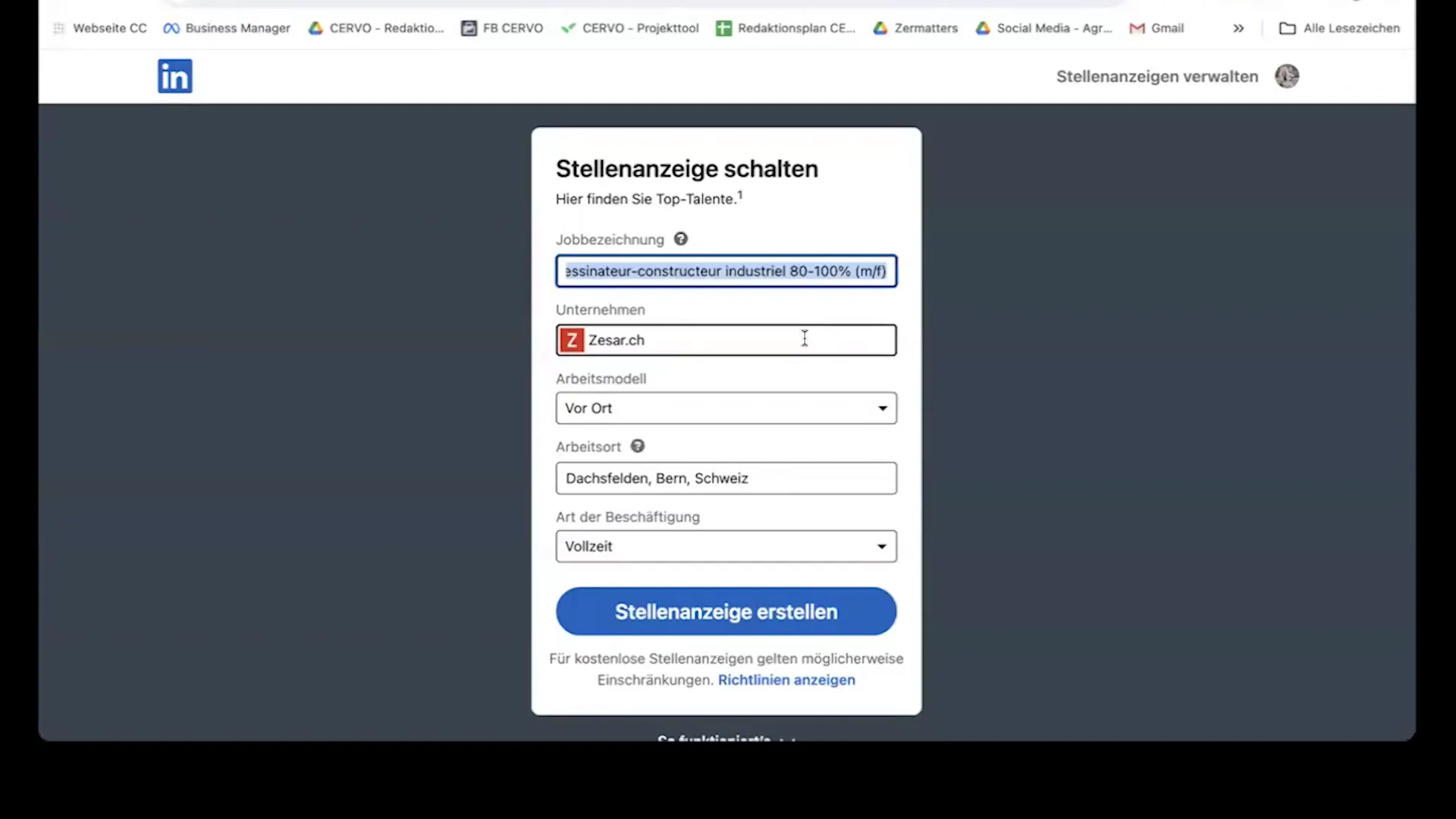 Stelleninserat auf LinkedIn mit Jobdetails