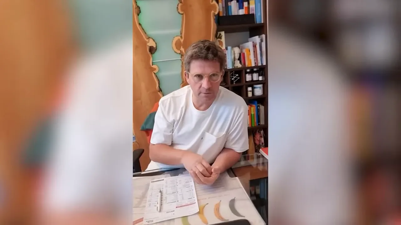 Therapeut vor einem Poster und Bücherregal mit Unterlagen auf dem Tisch