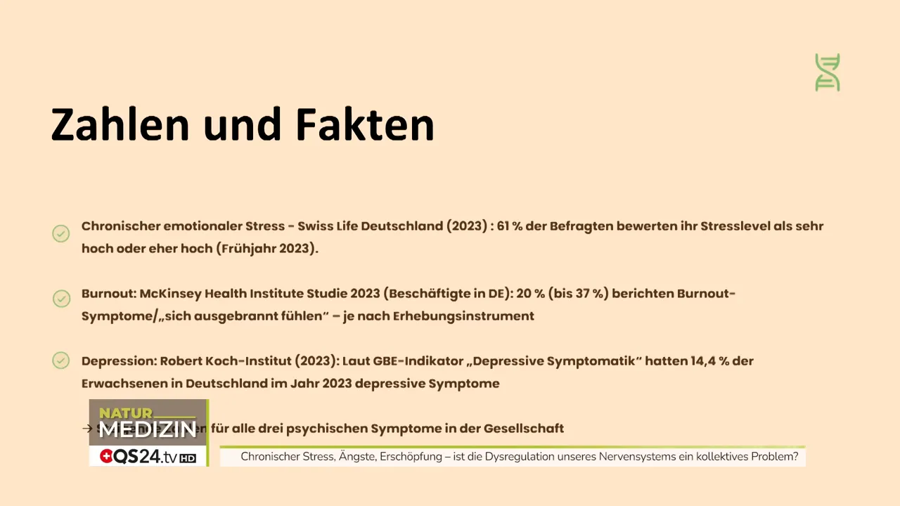 Stress, Nervensystem und Prävention - Interview mit Timo Janisch, Epigenetik‑Coach und TraumaDialog Practitioner 2 Slide 'Zahlen und Fakten' mit Statistiken (61 % Stress, 20–37 % Burnout, 14,4 % Depressionen)