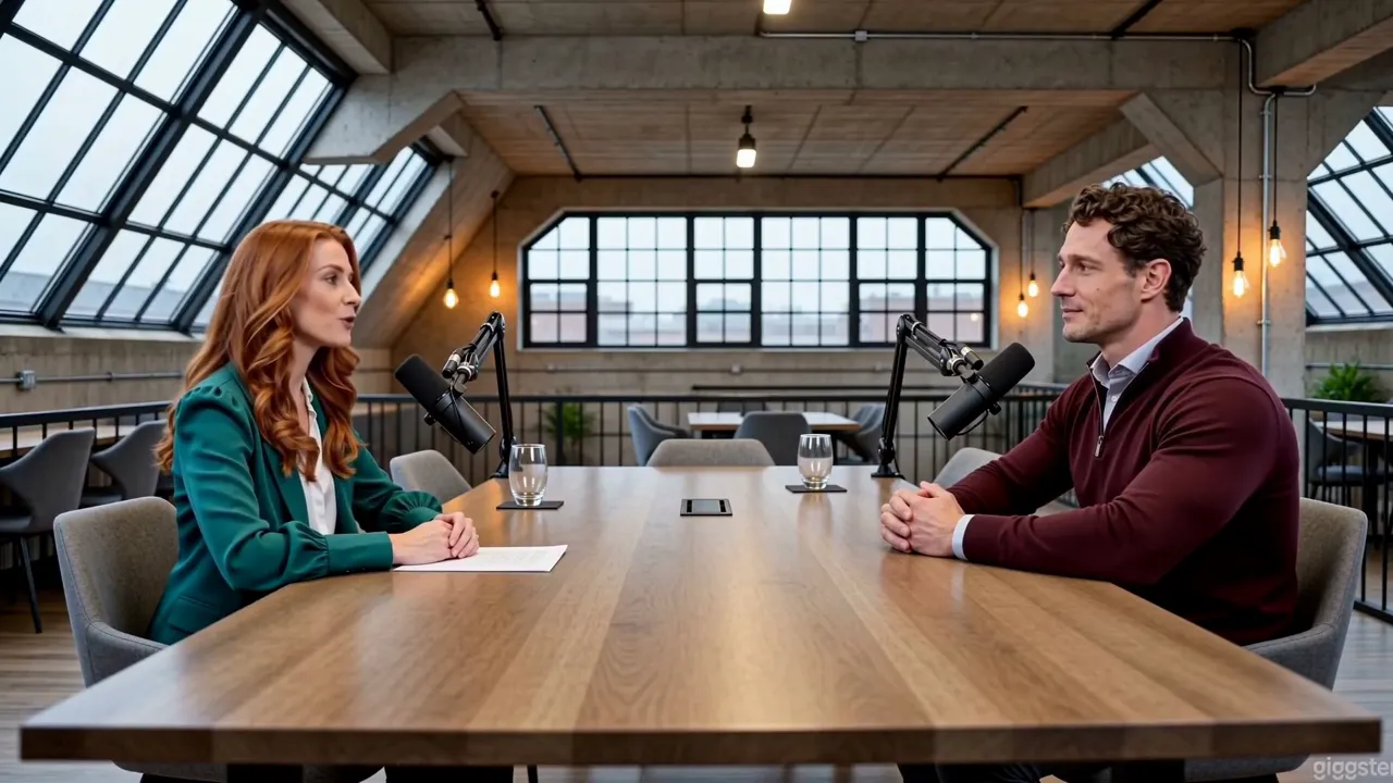 Cora und Damian sitzen sich an einem langen Tisch mit Mikrofonen gegenüber