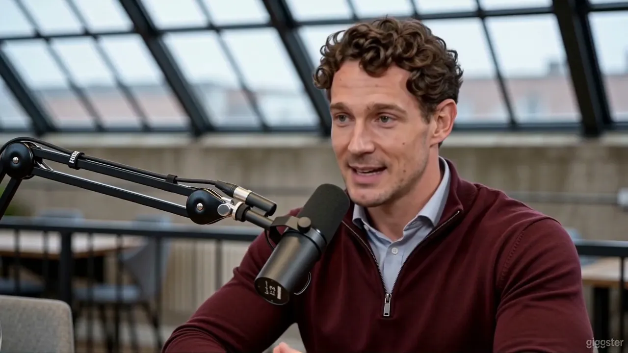 Damian spricht in ein Studiomikrofon