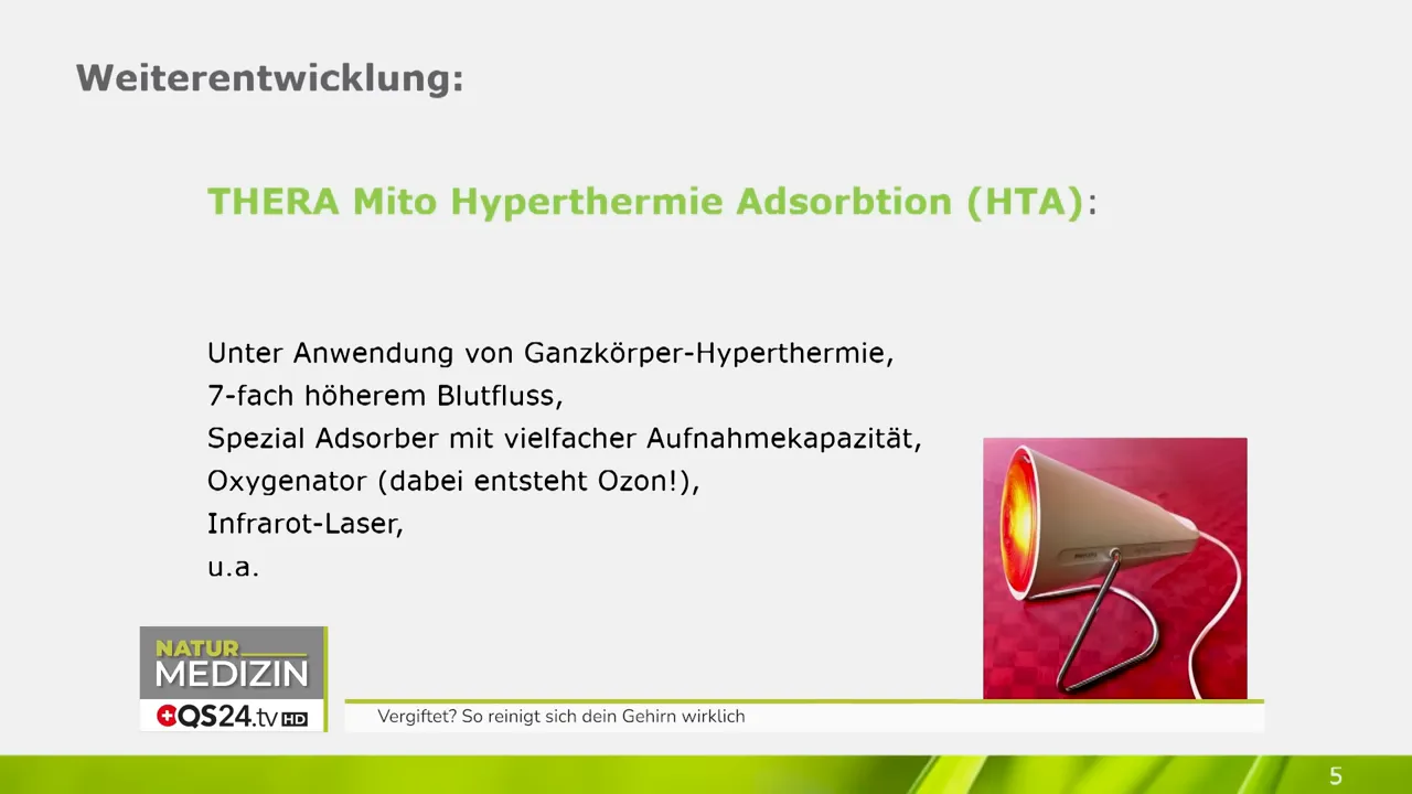 Folie zur THERA Mito Hyperthermie Adsorption (HTA): Hyperthermie, 7-fach Blutfluss, Adsorber und Oxygenator