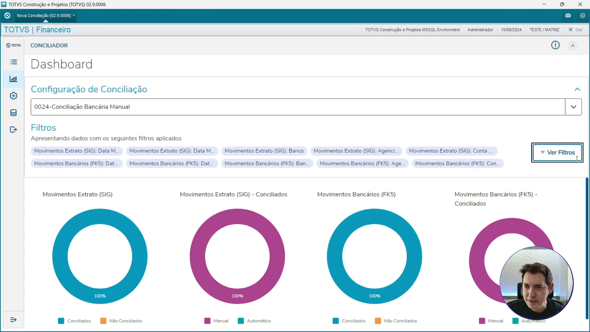 Dashboard da nova rotina de conciliação totvs protheus