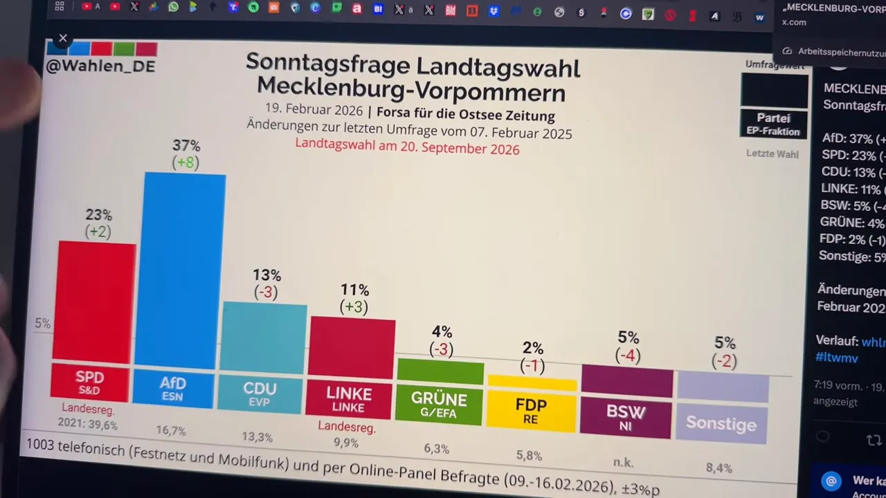Gut lesbares Balkendiagramm zur Sonntagsfrage Mecklenburg-Vorpommern mit AfD bei 37 Prozent