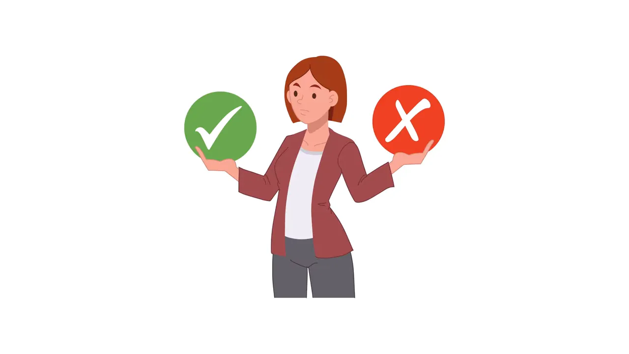 Illustration einer Person mit grünem Haken links und rotem Kreuz rechts, Symbol für Entscheidungen