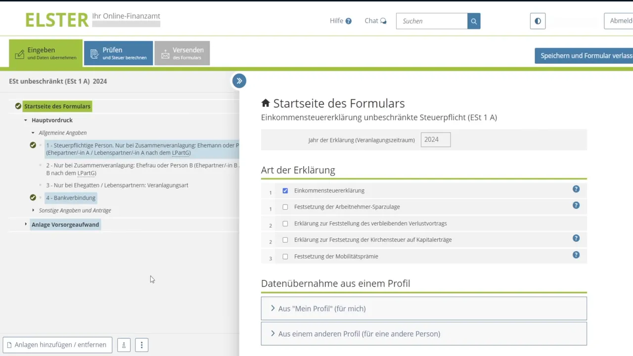 Screenshot der ELSTER Startseite des Formulars mit Auswahl 'Art der Erklärung' und Bereich 'Datenübernahme aus einem Profil'