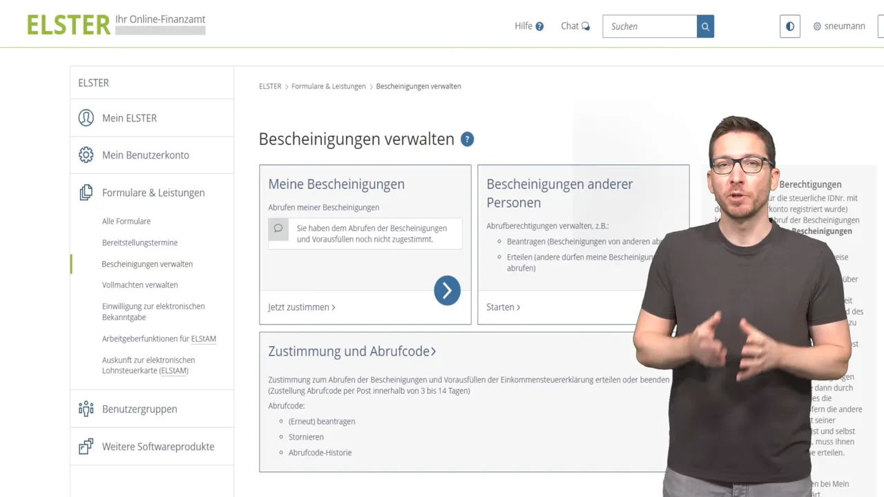 Screenshot der ELSTER-Webseite mit Überschrift 'Bescheinigungen verwalten' und Menü, Sprecher rechts.