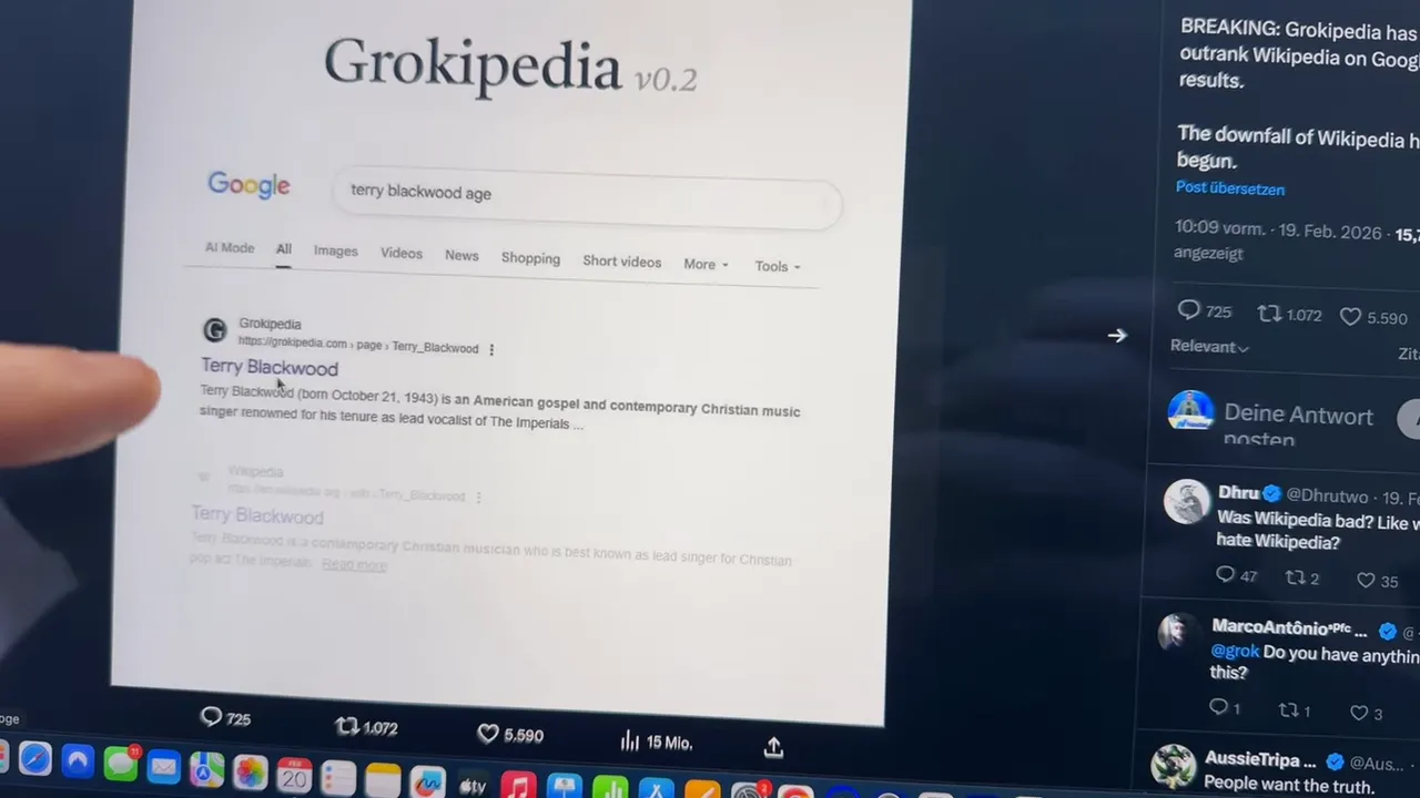 Nahaufnahme einer Google-Suche: Grogipedia-Ergebnis für 'Terry Blackwood' mit Finger, der auf das Ergebnis zeigt.