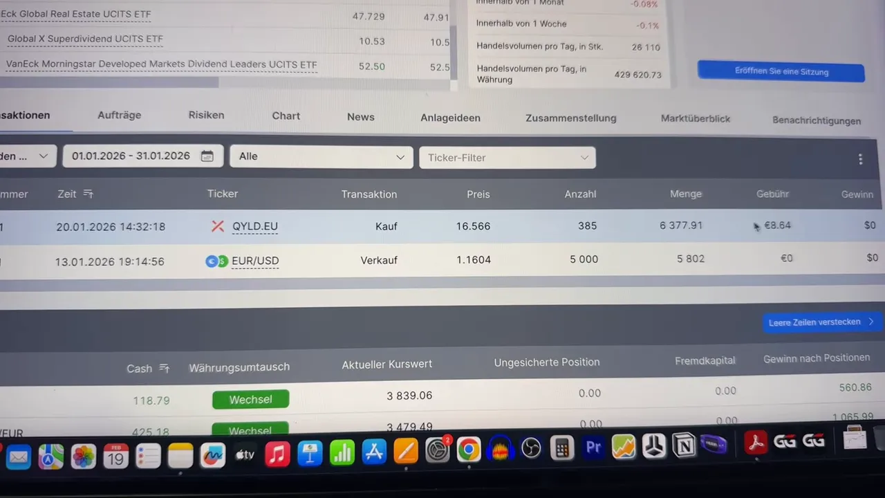 Klares Broker-Screenshot: QYLD.EU Kauf, Preis 16.566, Anzahl 385, Menge 6.377,91 und Gebühr €8.64