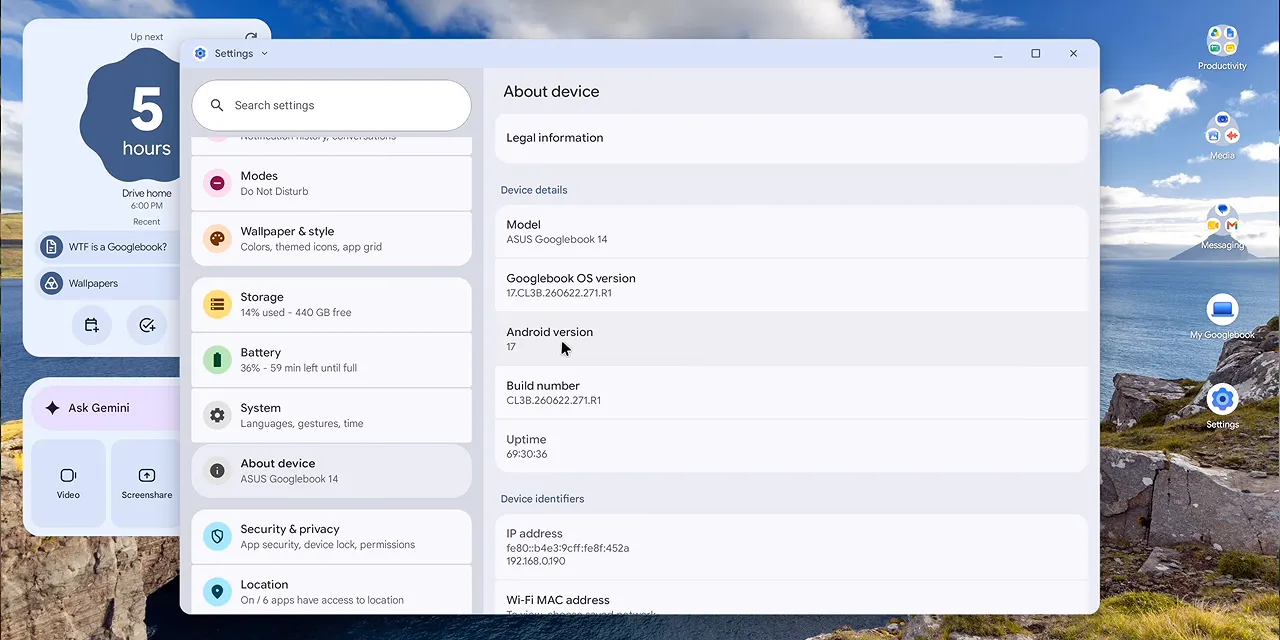 About device settings showing Android 17 on the Googlebook desktop