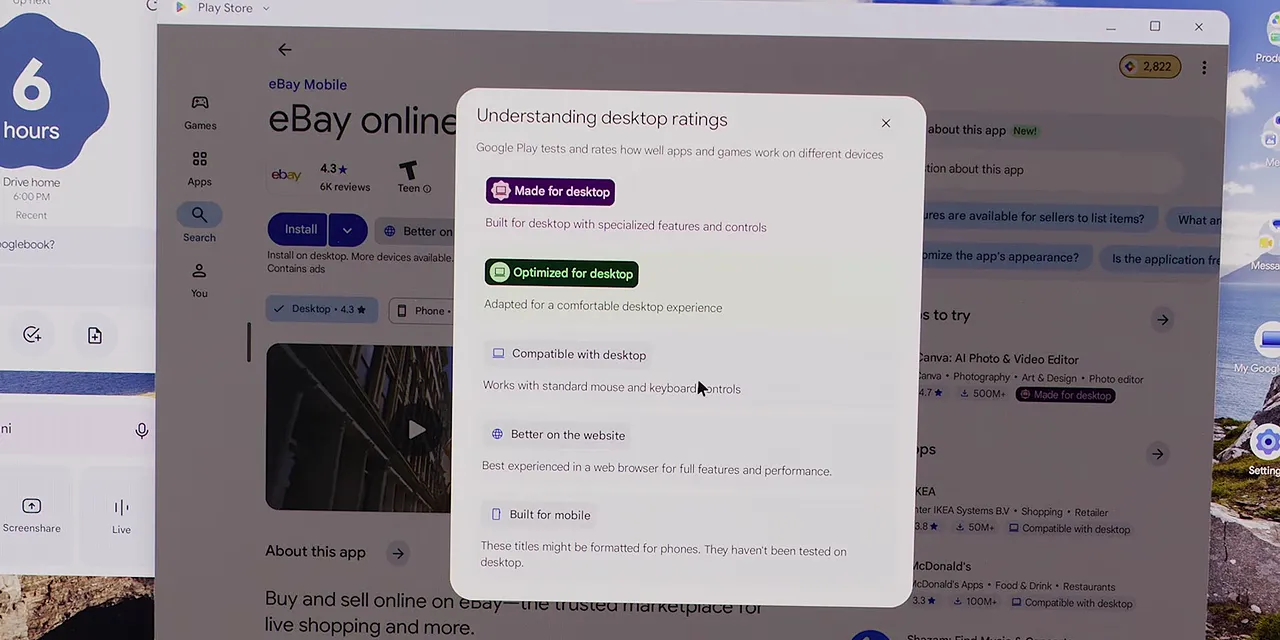 Play Store dialog explaining desktop app ratings over an eBay app listing