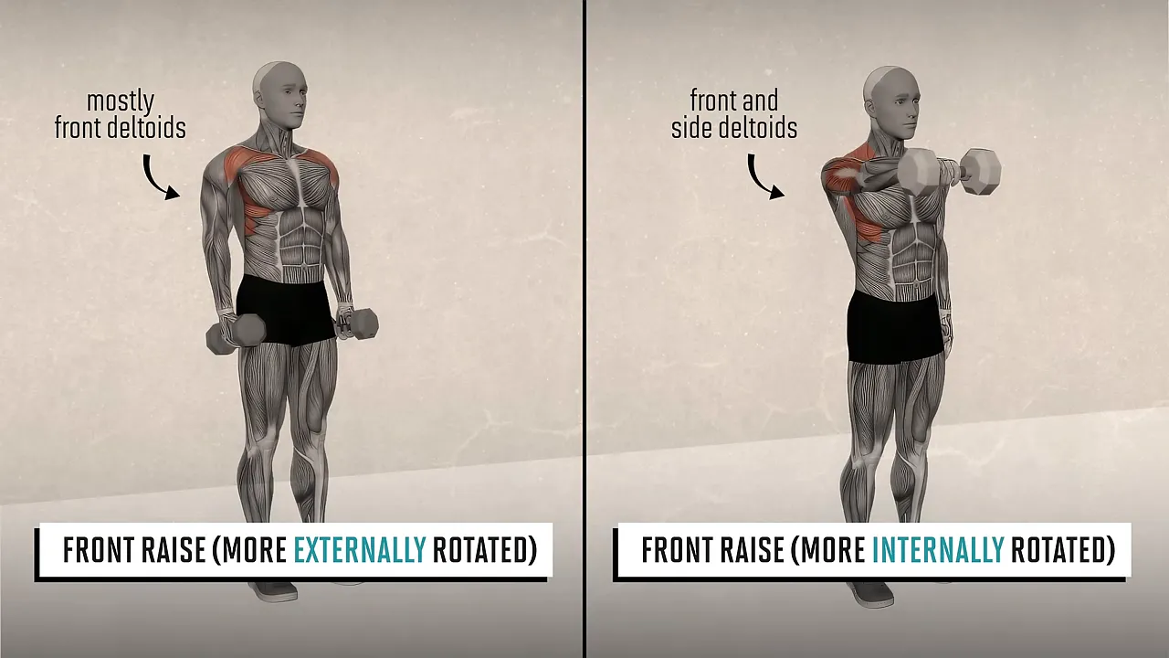 Anatomical comparison of externally and internally rotated front raises with front and side deltoid labels