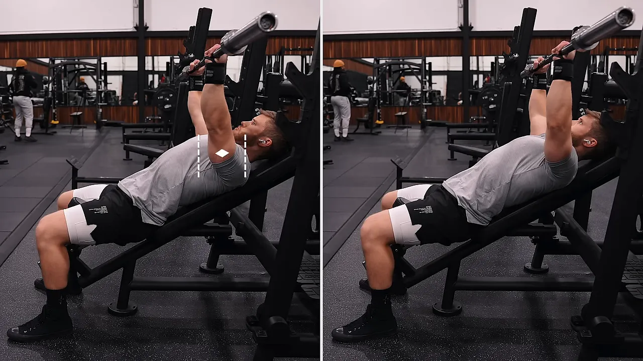 Side-by-side incline press positions with a dotted vertical line through the shoulder on the left