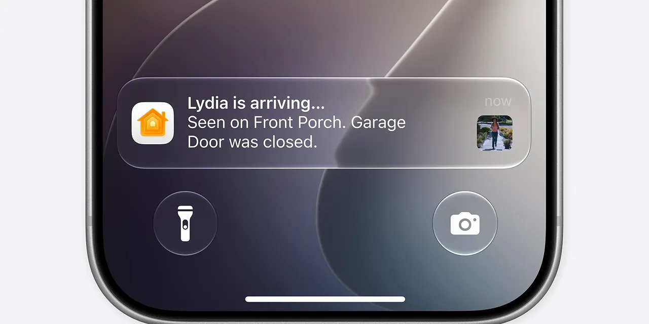 iPhone lock screen with one Home notification summarizing an arrival, checked mail, and a closed garage door