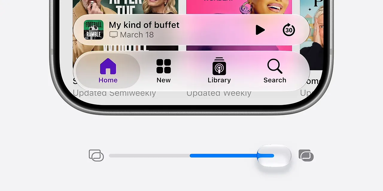 Apple Music interface above a Liquid Glass transparency slider