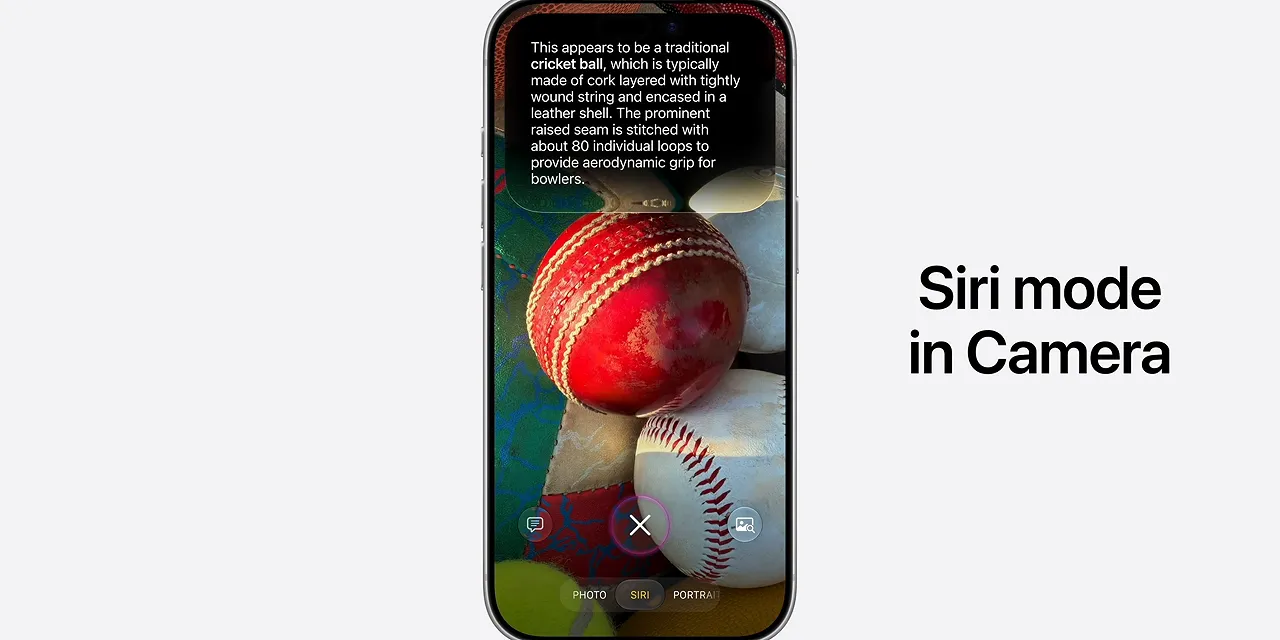 Slide labeled Siri mode in Camera showing an iPhone identifying a cricket ball