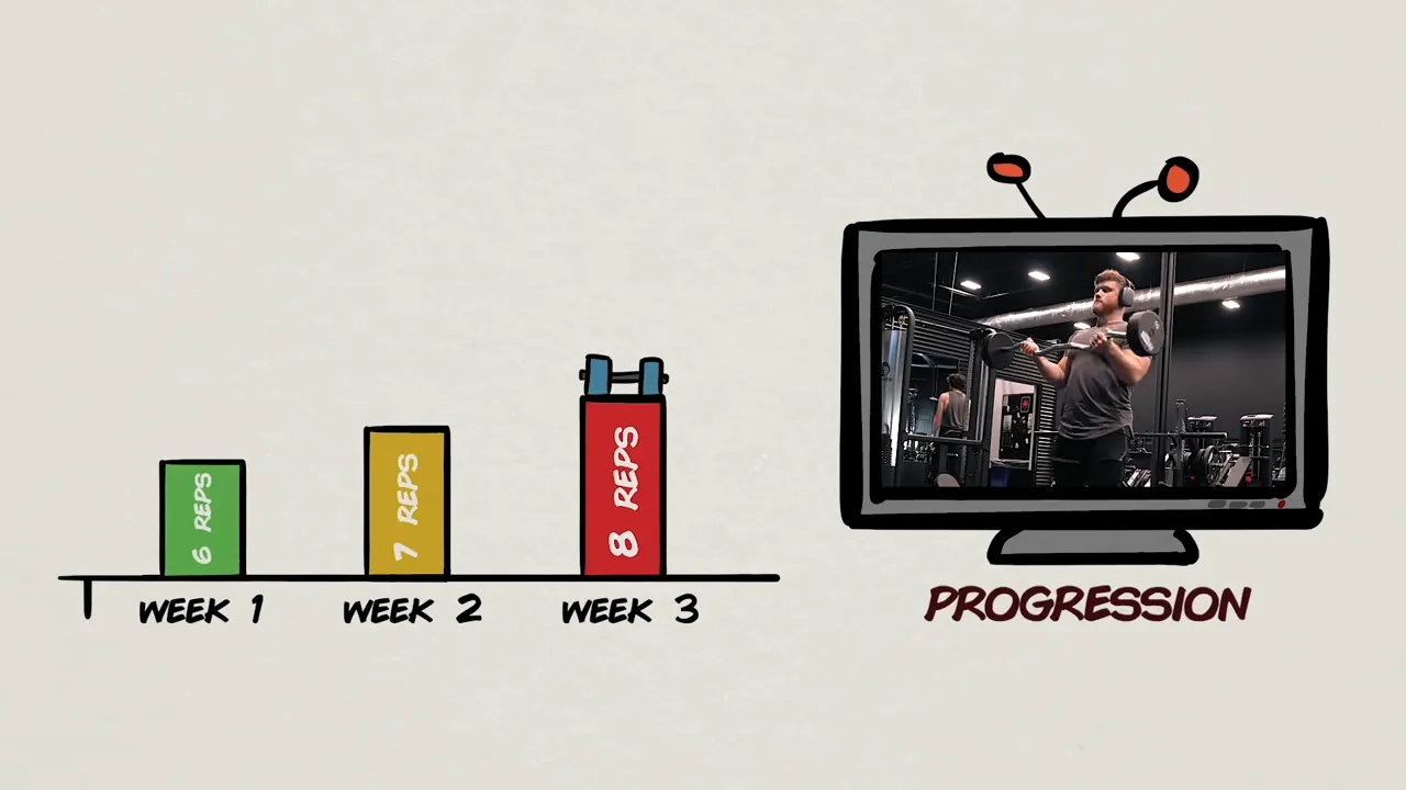 Three weekly bars labeled six, seven, and eight reps beside an EZ-bar curl demonstration