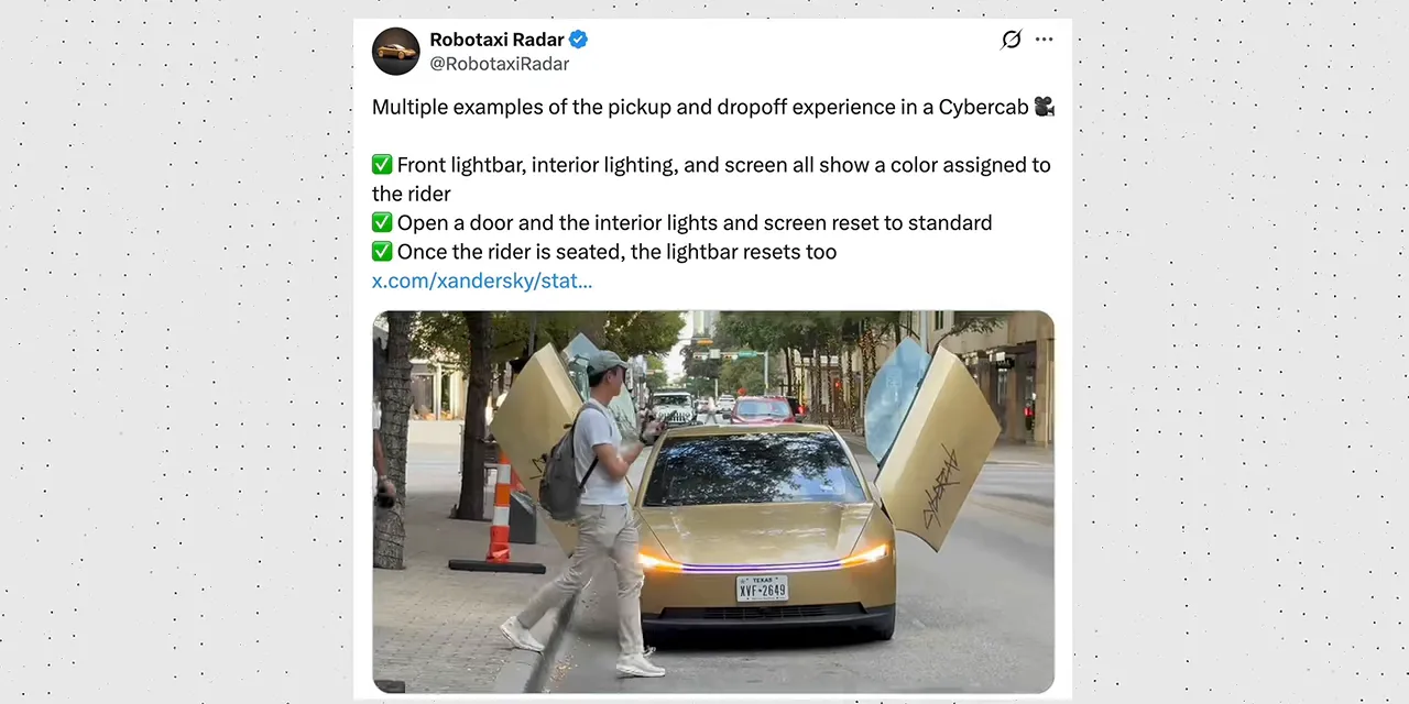 Social media post showing a Cybercab at a curb with both butterfly doors raised