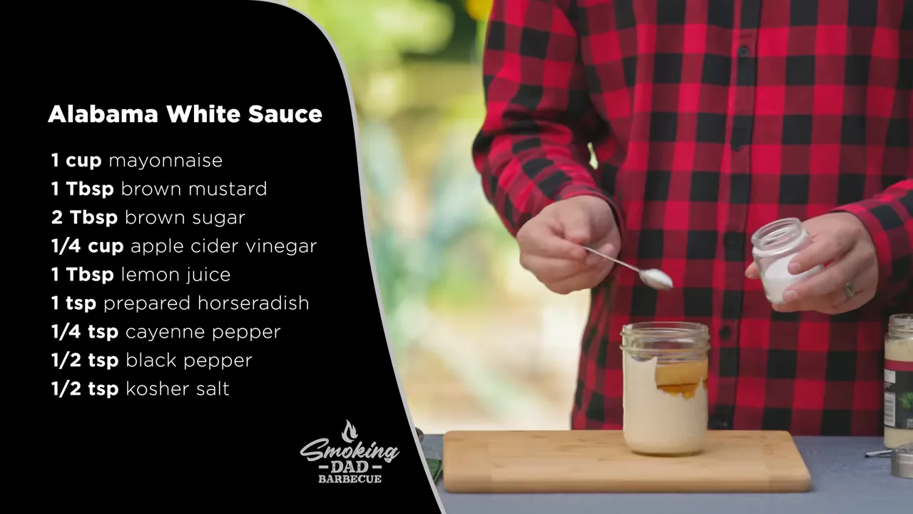 Alabama white sauce ingredient list beside a jar as salt is added
