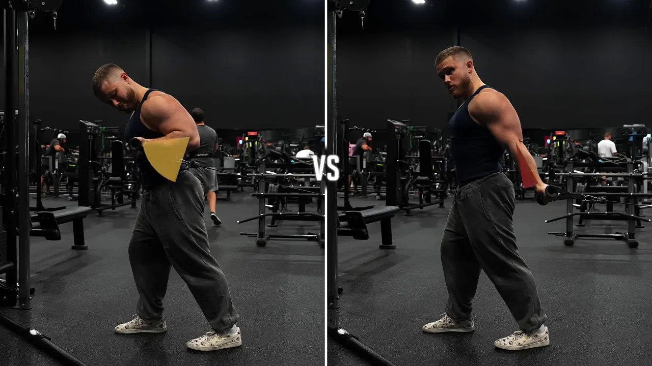 Side-by-side cable triceps demonstrations with yellow and red highlighted movement ranges