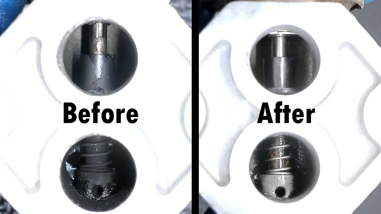 Side-by-side Before and After close-ups of the pickup's idle air control valve passages