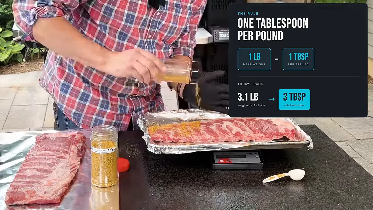 Ribs on a scale beside a graphic showing one tablespoon of rub per pound