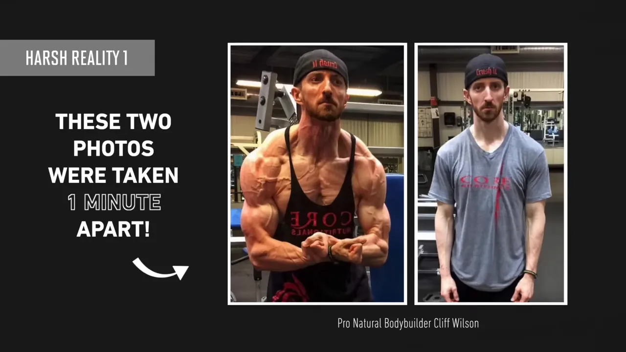 Side-by-side photos of Cliff Wilson flexing in a tank top and standing in a T-shirt, labeled one minute apart