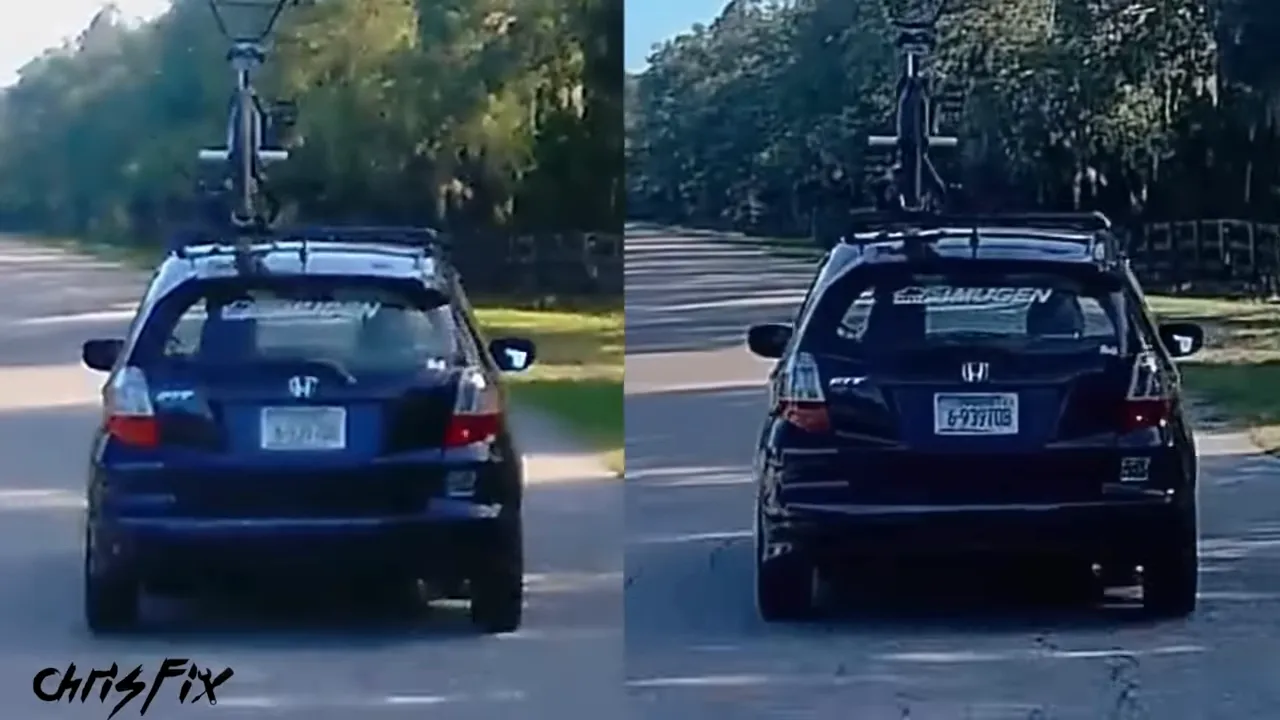 Side-by-side enlarged road images showing the rear of a dark hatchback with different levels of detail