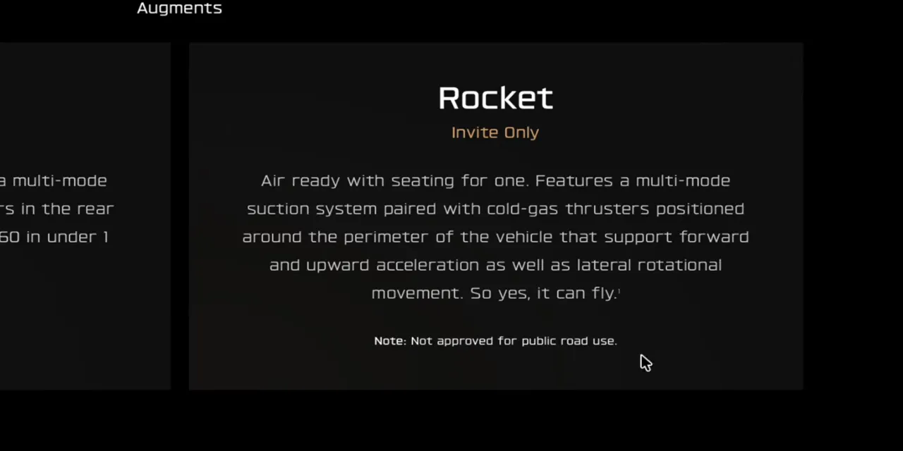 Rocket specification card labeled Invite Only with a public-road-use disclaimer