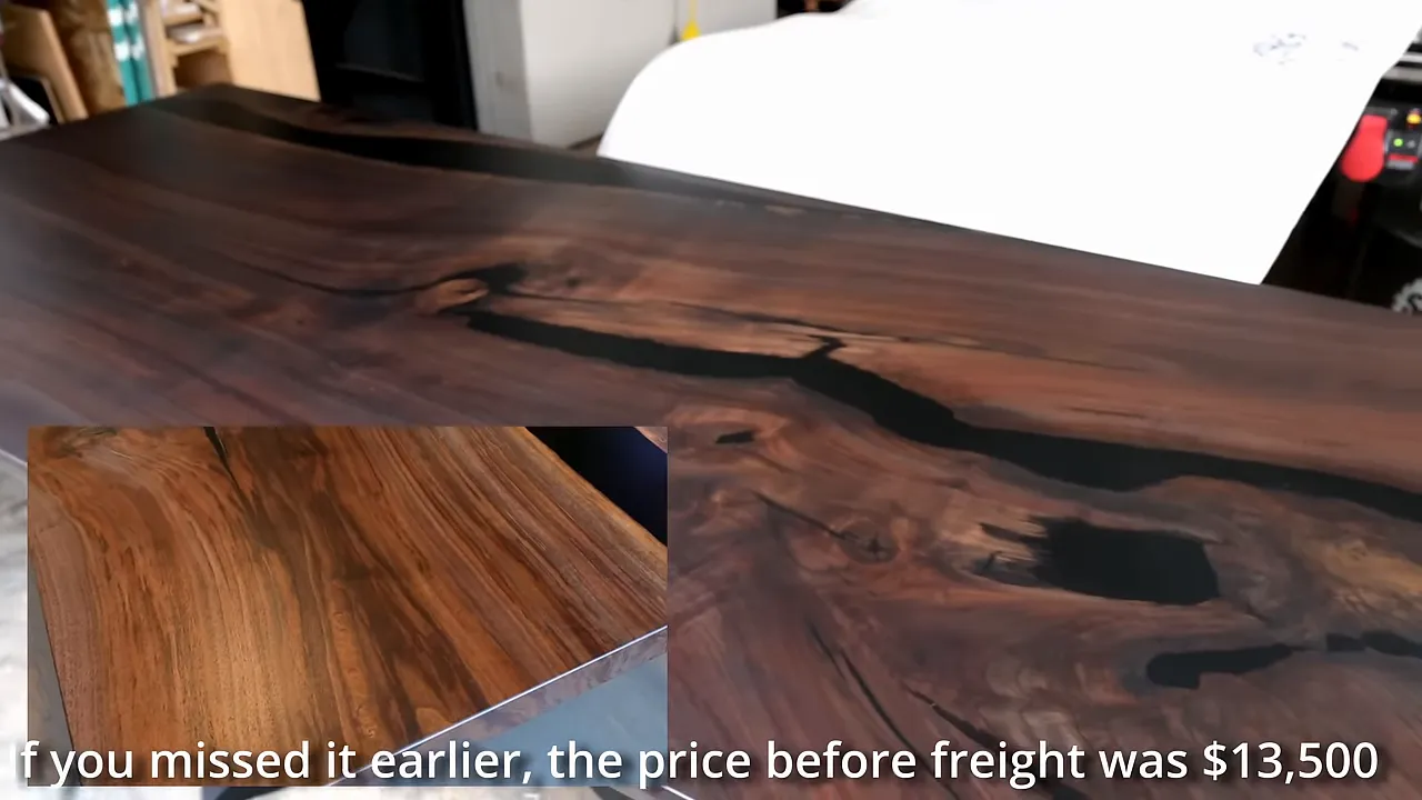 Dark walnut and black epoxy tabletop with an inset image of a warmer-colored walnut table