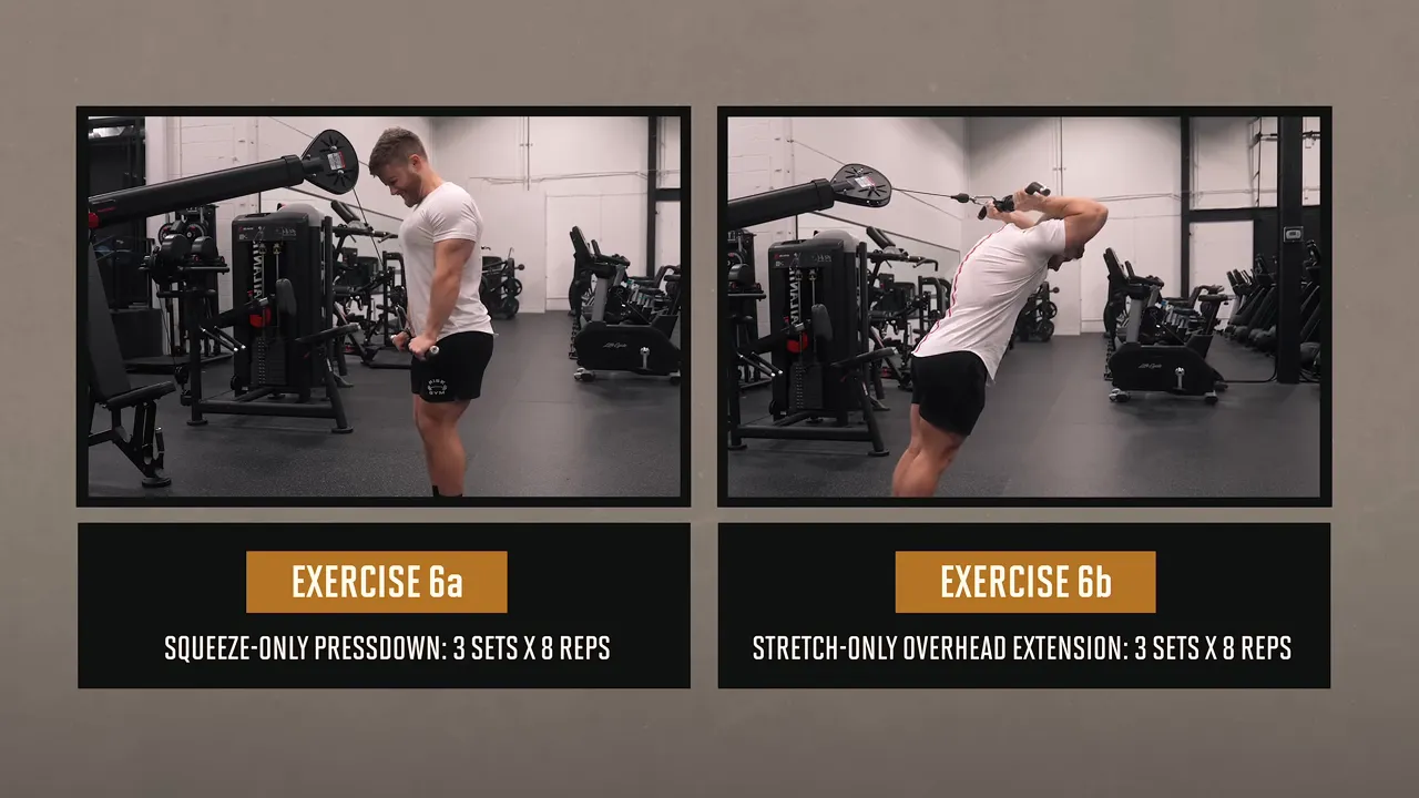 Side-by-side demonstrations labeled squeeze-only pressdown and stretch-only overhead extension with three sets of eight reps each