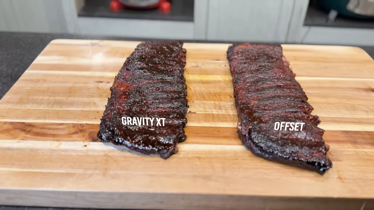 Two finished racks of ribs on a cutting board labeled Gravity XT on the left and Offset on the right
