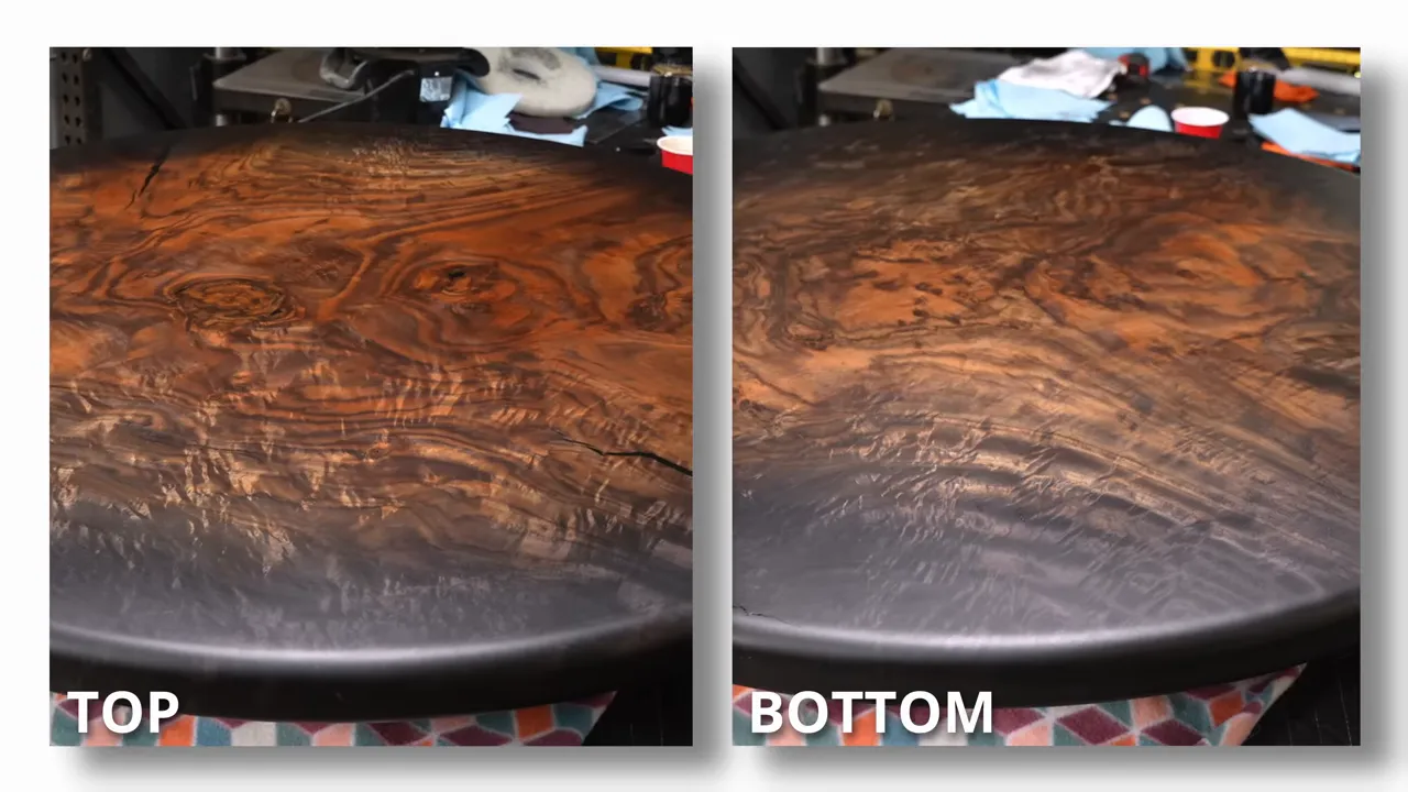 Side-by-side images labeled top and bottom showing different sunburst fades on walnut
