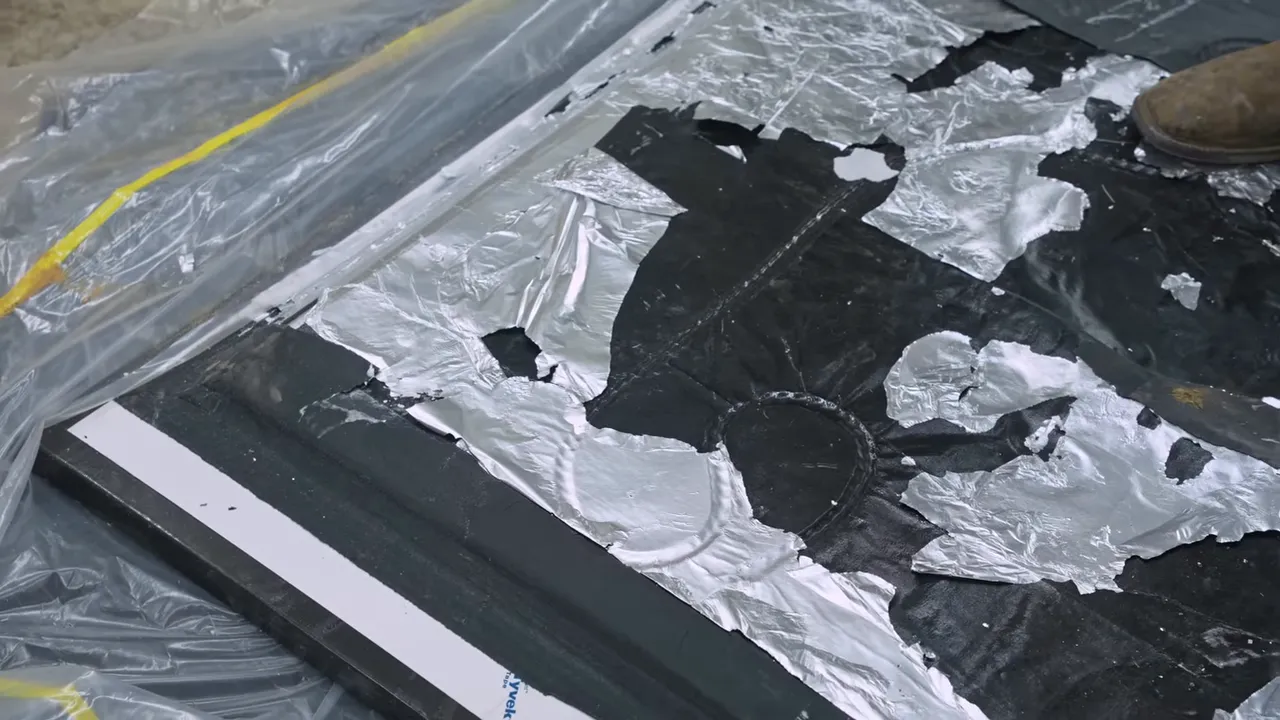 Black denim panel with irregular patches of torn silver foil across its surface