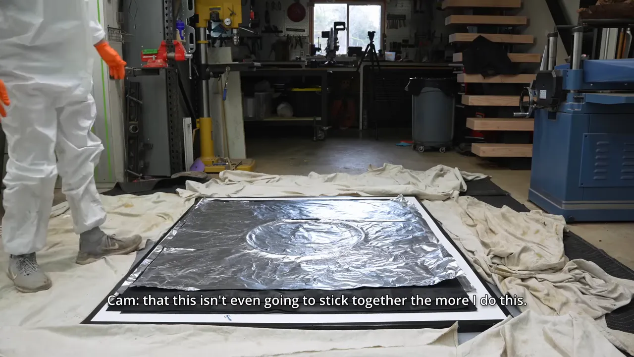 Roller spreading resin over aluminum foil with a raised circular outline beneath it
