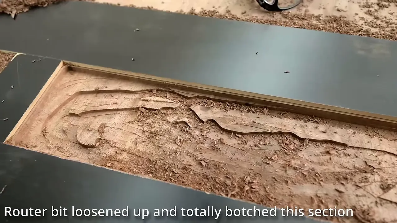 Uneven routed mounting pocket surrounded by a dark routing template