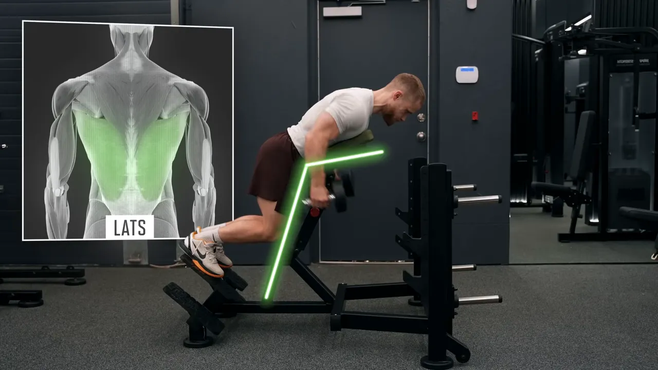 Inclined chest-supported row demonstration with a lats anatomy graphic and a highlighted bench angle