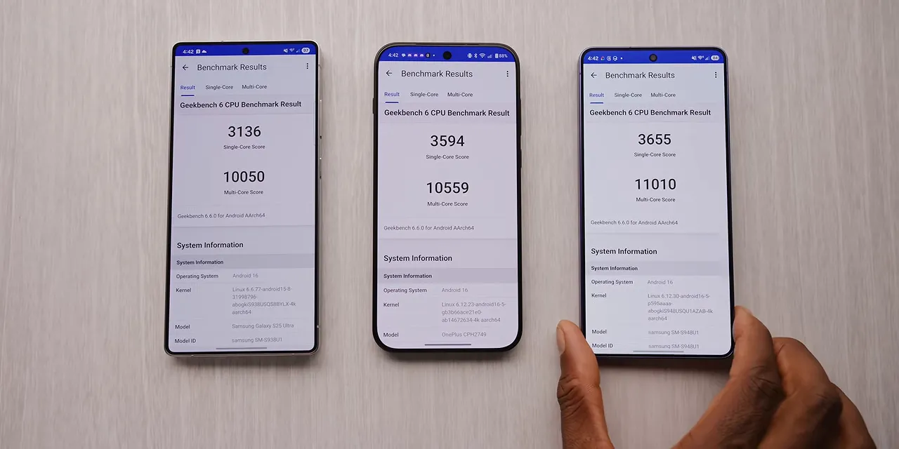 Three phones showing benchmark results labeled S25 Ultra, OnePlus 15, and S26 Ultra