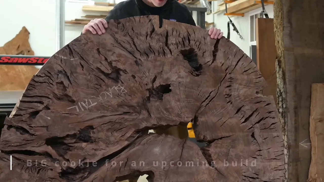 Large round wood slab with deep cracks and irregular voids held upright