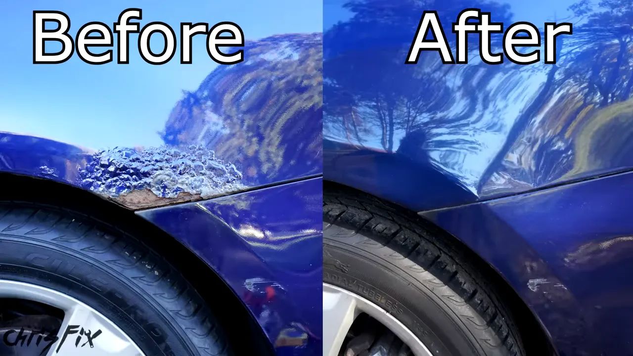 Side-by-side images labeled Before and After showing the rusted and refinished blue wheel arch