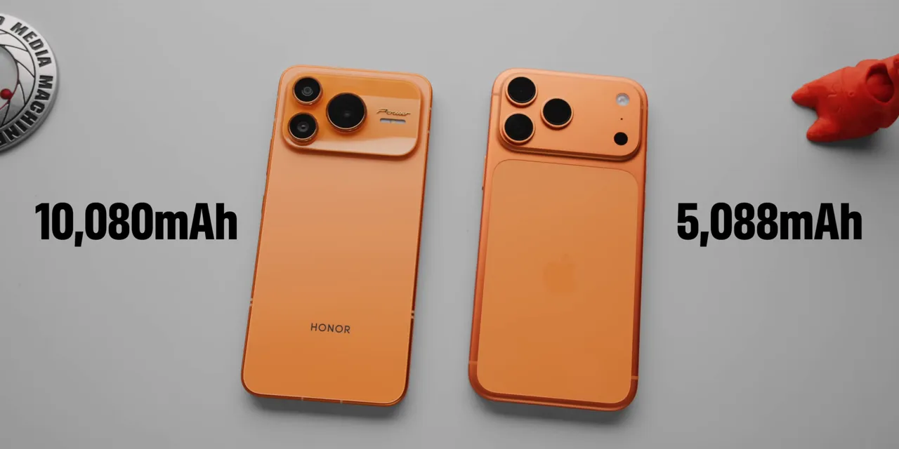 Honor and iPhone side by side with battery labels of 10,080mAh and 5,088mAh