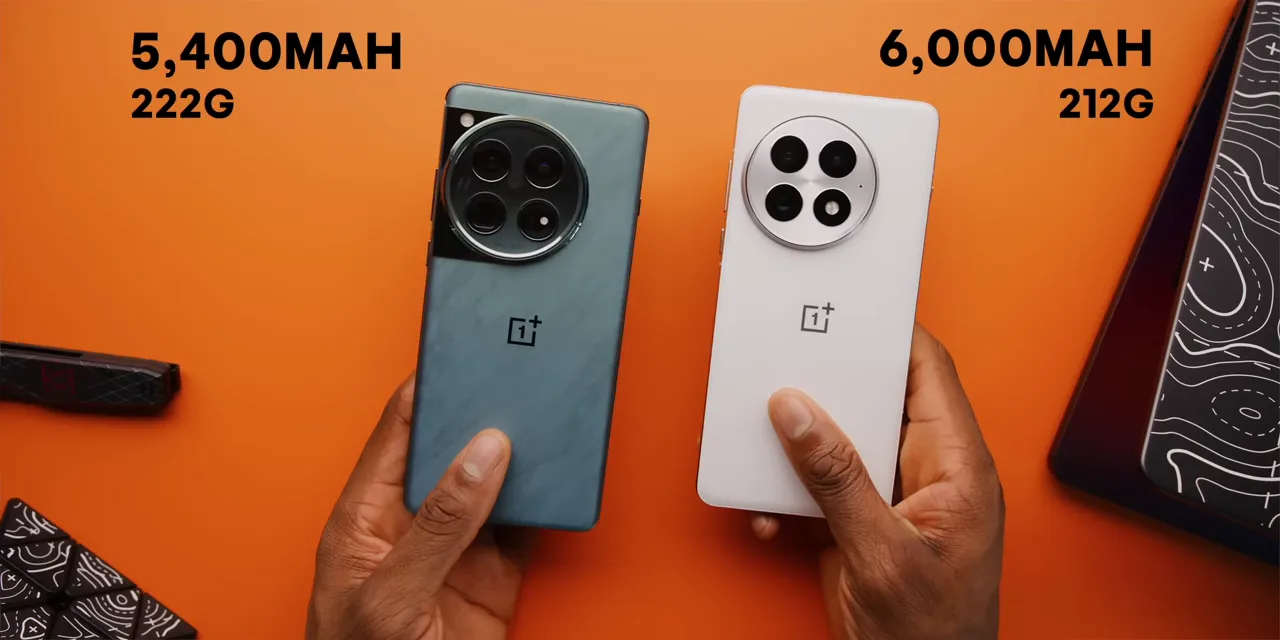 Two OnePlus phones with labels showing 5,400mAh at 222g and 6,000mAh at 212g