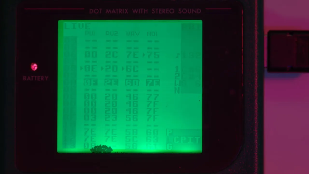 Game Boy display showing rows of music sequencing data