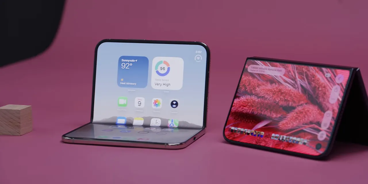 Two iPhone Duo devices on a pink surface, one half-open and one standing in tent mode