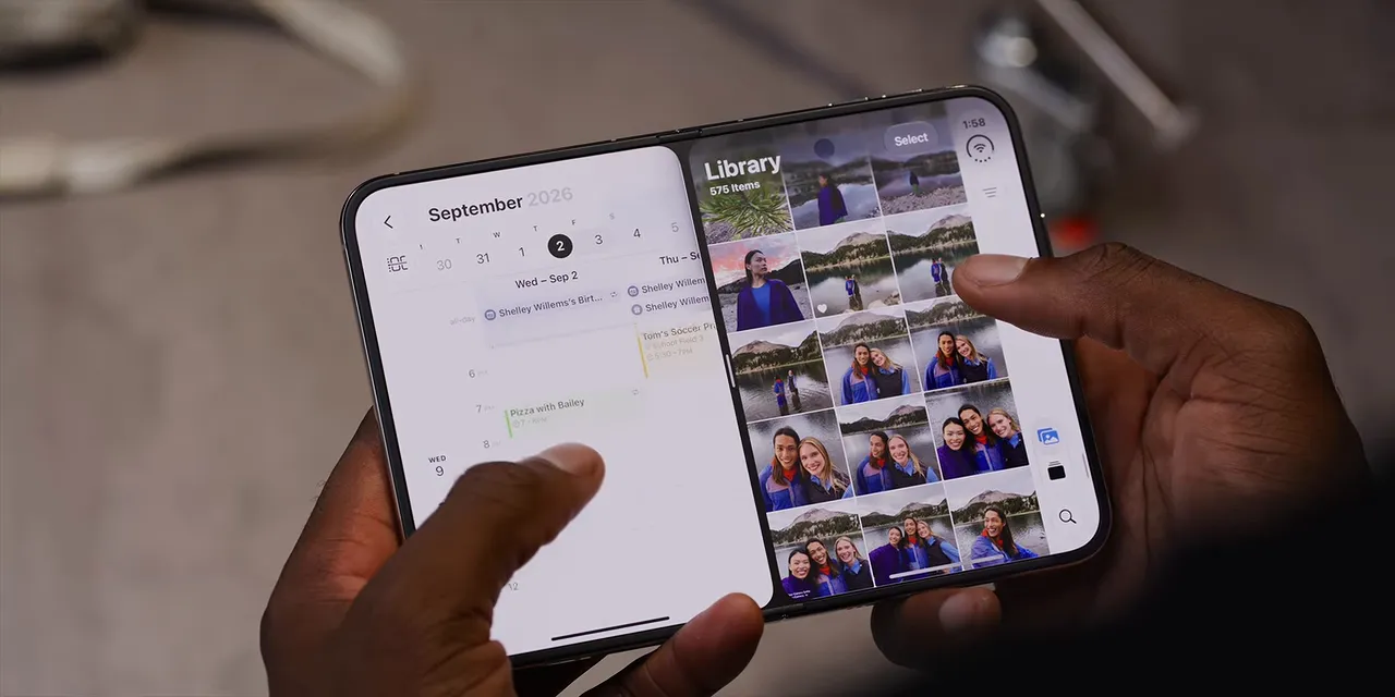 iPhone Duo displaying Calendar on the left and a photo library on the right