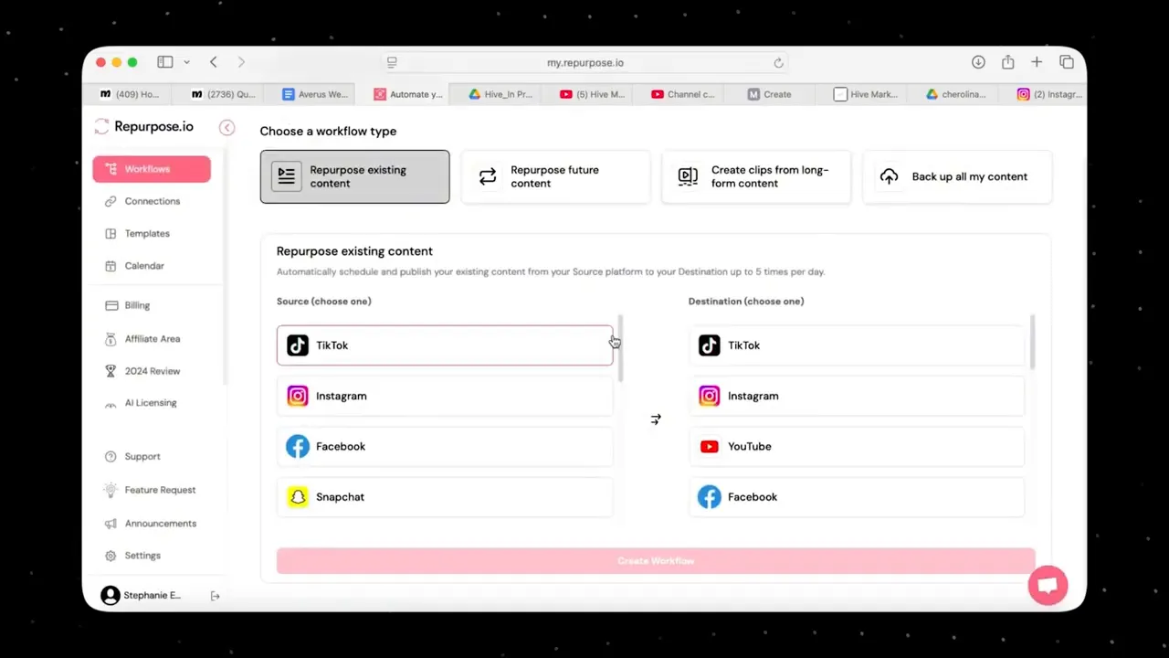Repurpose.io workflow setup screen for repurposing existing content across platforms