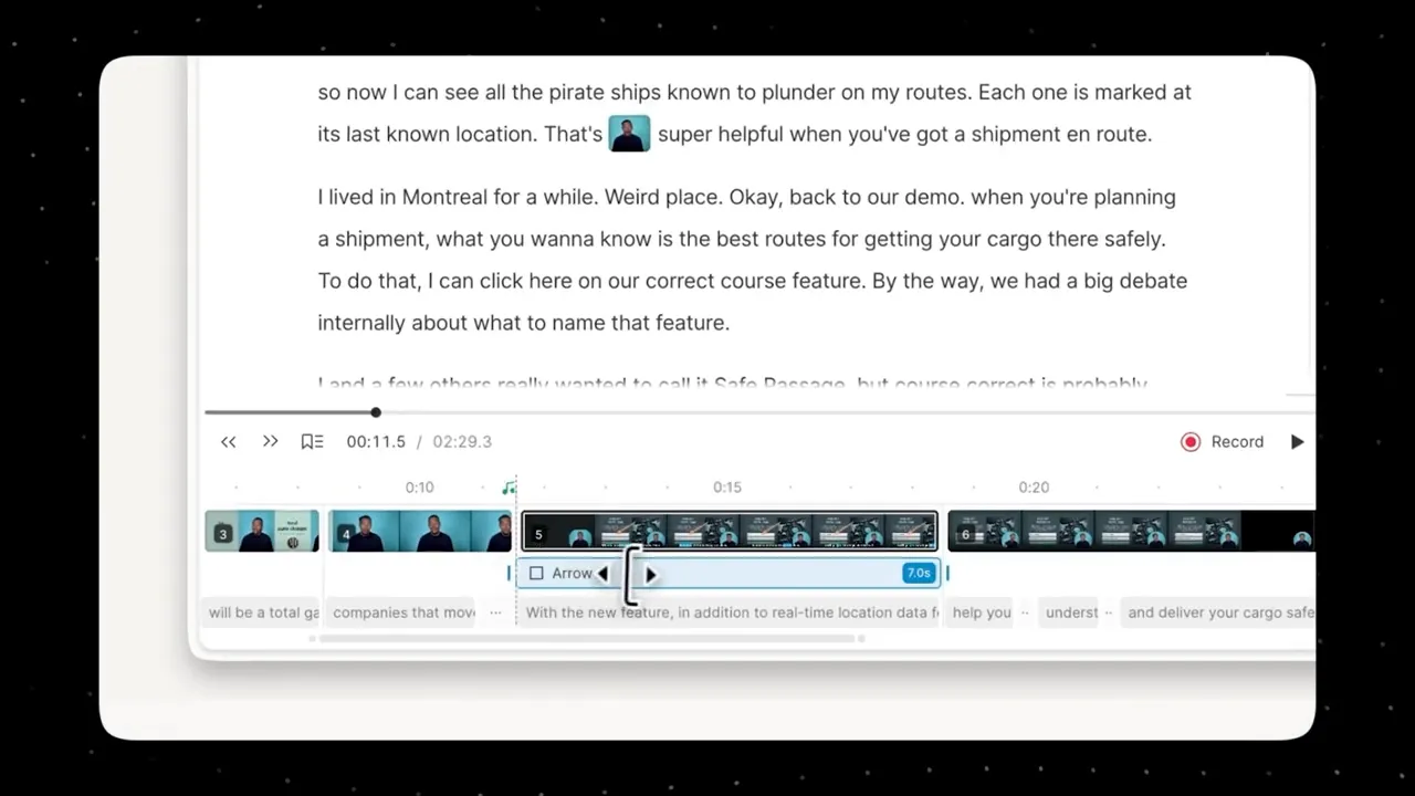 Video editing timeline with transcript-style text and playback controls on screen