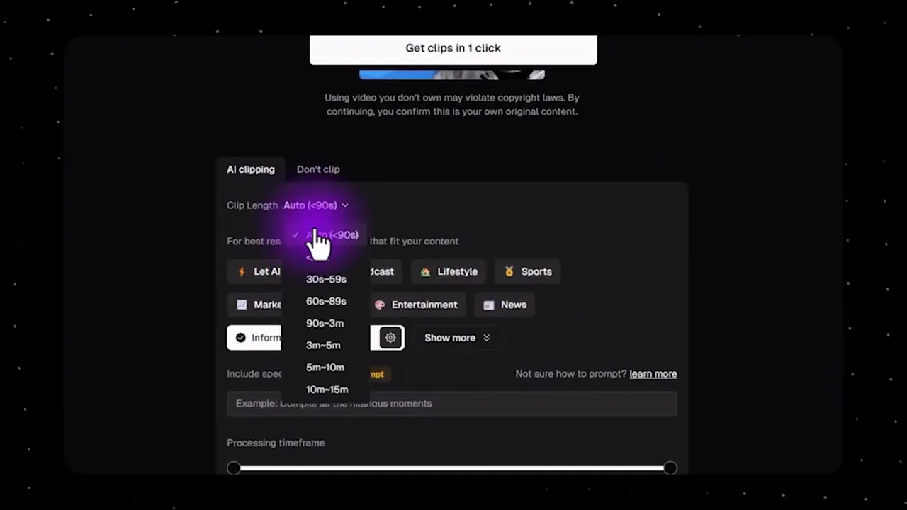 Opus Clip AI clipping screen with clip length and processing timeframe options
