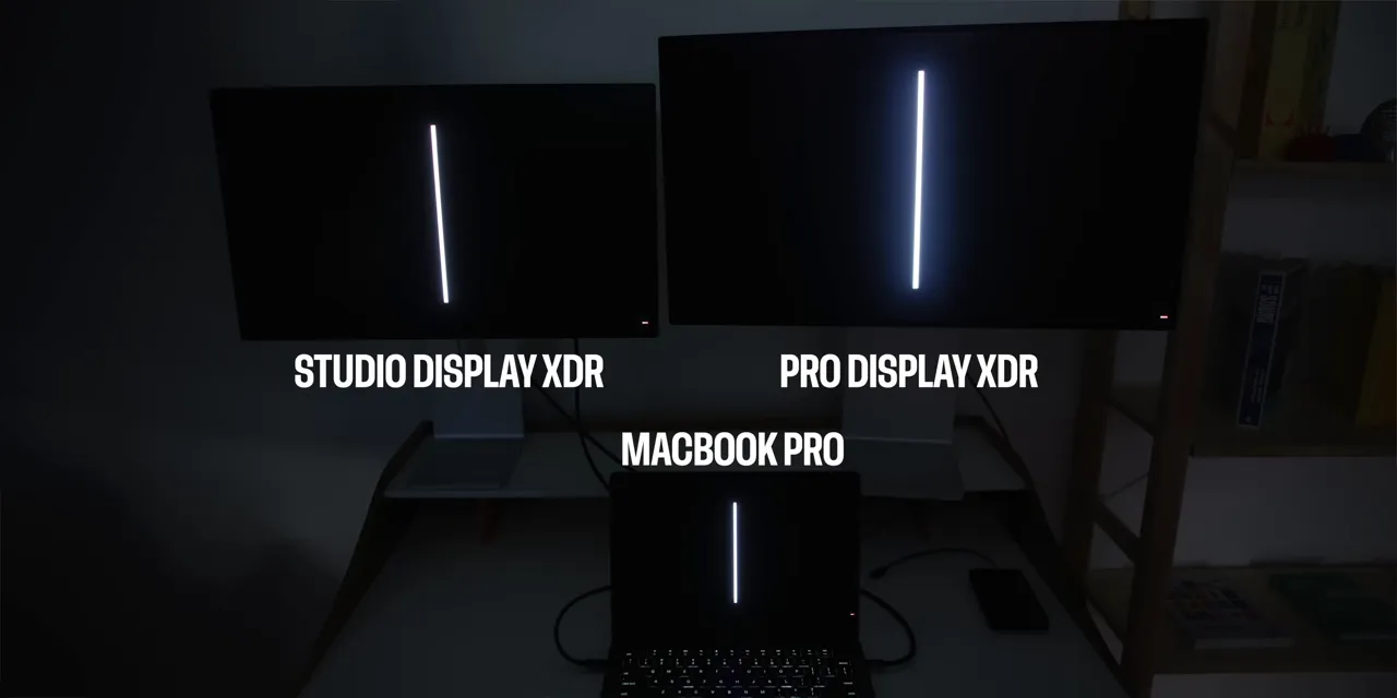 Studio Display XDR, Pro Display XDR, and MacBook Pro showing bright vertical lines against black backgrounds