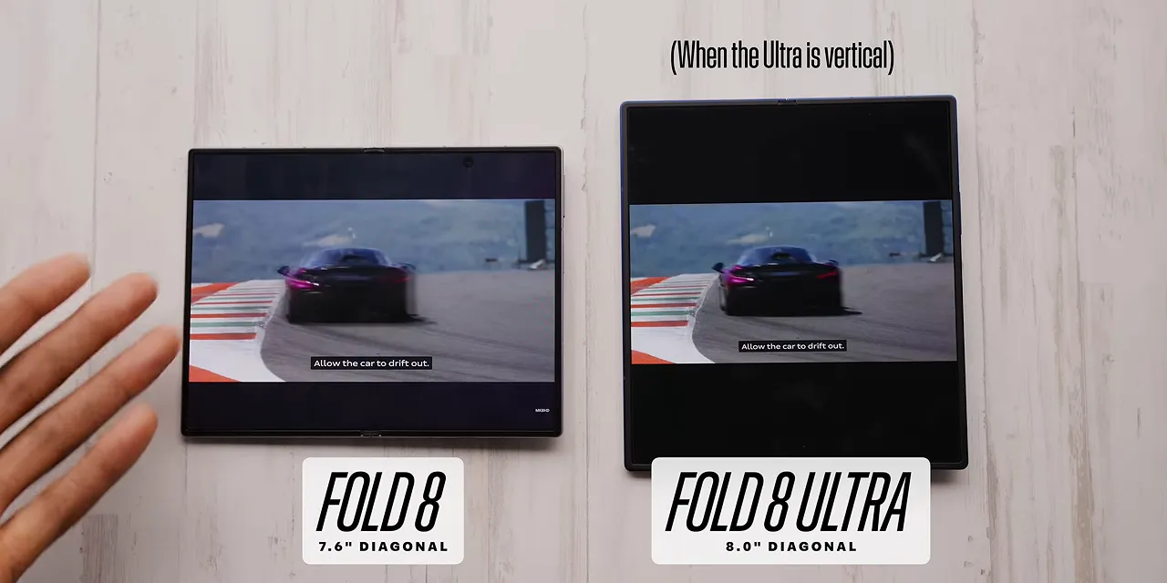 Fold 8 and Fold 8 Ultra side by side displaying the same racing video